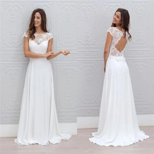 Simple Style Beach Wedding Dresses Cheap 2018 Sheer Lace Top Open Back Capped Sleeves A Line Sweep Train White Chiffon Bridal Gowns EN110112