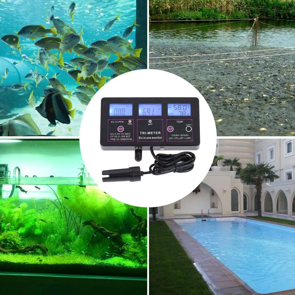 Livraison gratuite 6 en 1 Testeur de qualité de l'eau Moniteur ph-mètre Compteur d'eau d'aquarium multi-paramètres pour test PH / Température / EC / CF / RH / TDS
