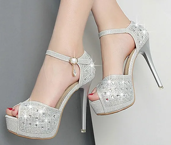 12cm Silver Diamond Sequins Women Shoes High Heel Sandal Shoes Evening ...