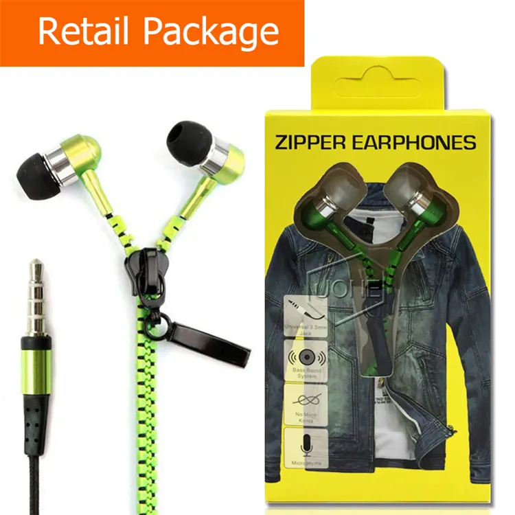 For iphone 6 6s Plus earphone Zipper 3.5mm In-Ear Earbuds Samsung S6 Headphones For Moto HTC Sony, and LG with Retail Package