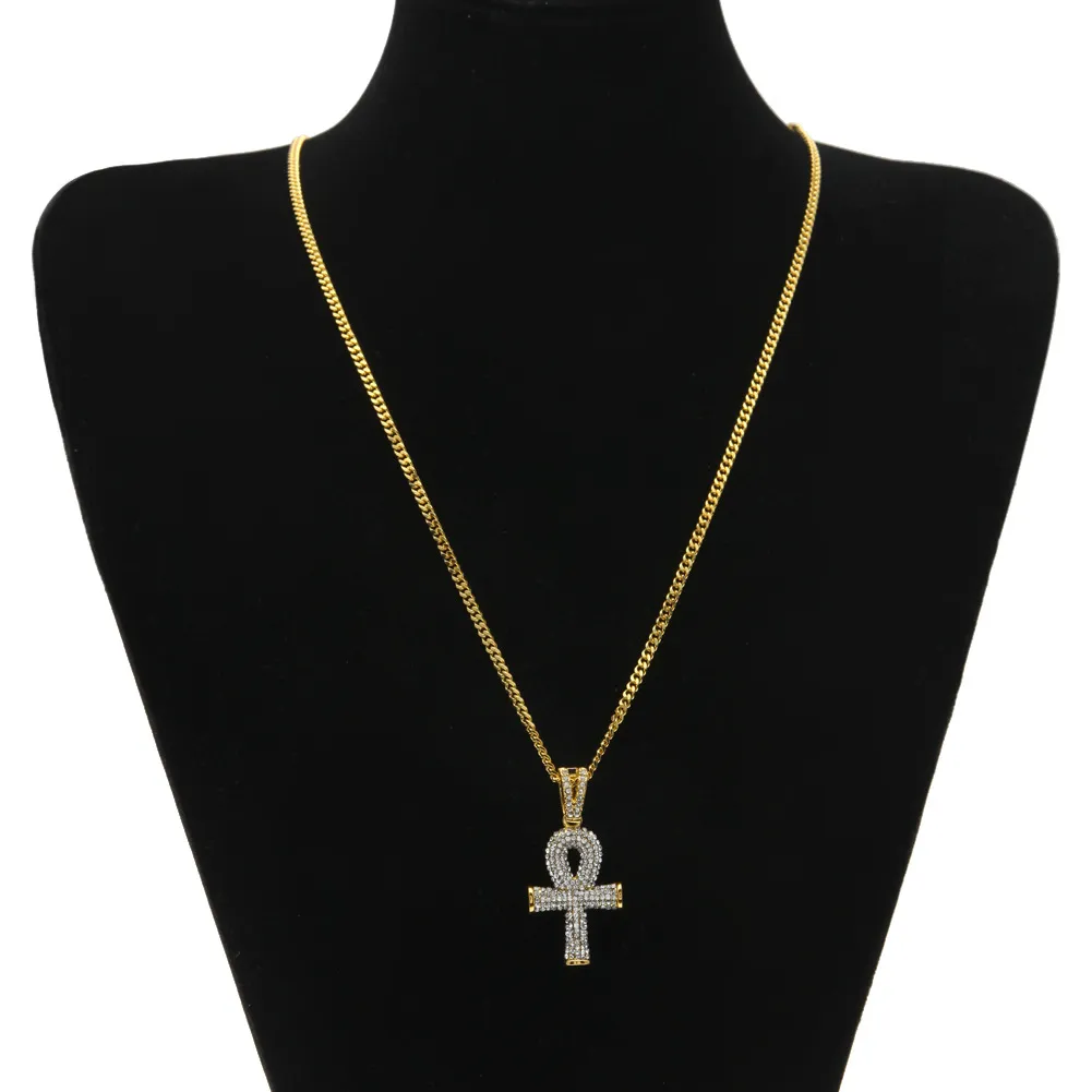 High Quality Fashion Vintage New Egyptian Ankh Key Of Life Pendant Necklace Gold Silver With Bling Rhinestones Hip hop Men Women J4660368