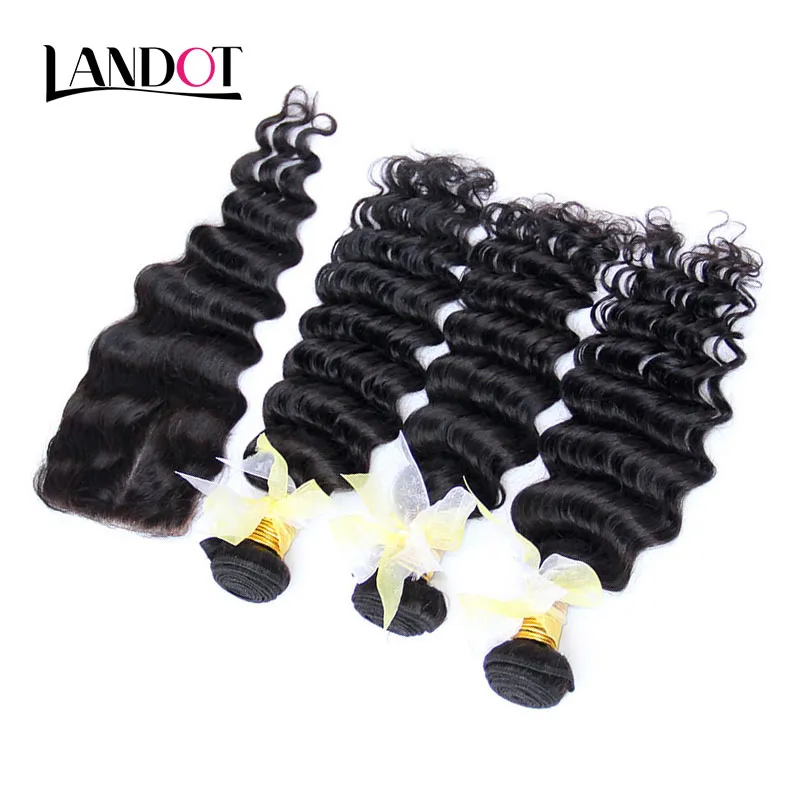 Malaysian Deep Wave Curly Virgin Human Hair Weaves With Closure 4Pcs Lot Unprocessed 7A Malaysian Deep Curly Hair Bundles And Lace Closures