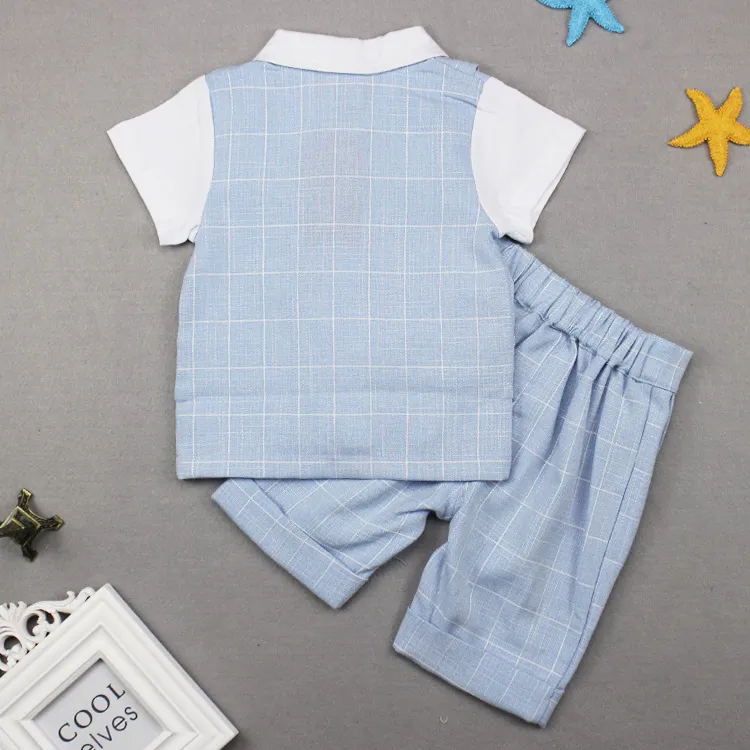 2017 Summer Children Suit Boys Plaid Gentleman bow Fake two pieces Short sleeve Tops Tees+Plaid Shorts Sets Baby Kids Clothing