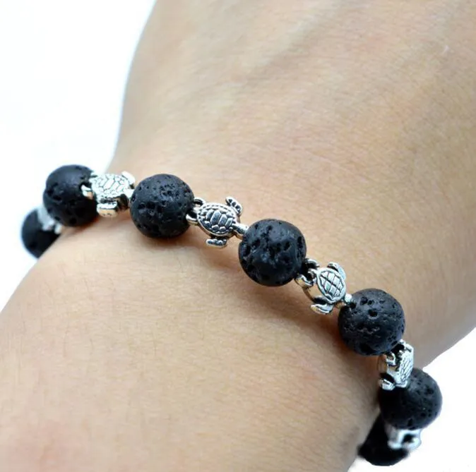 8mm Lava-rock Sea Turtles Charm Aromatherapy Essential Oil Diffuser Bracelets Natural Black Lava Bracelets Free Shipping