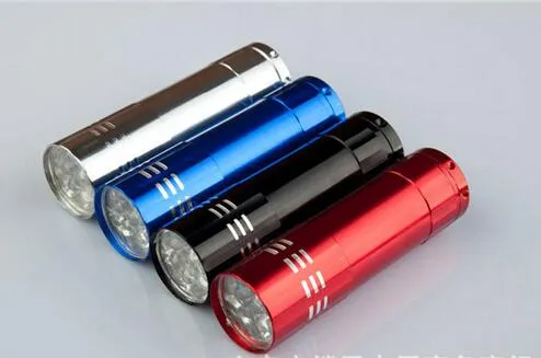 Mini 9 LED UV Gel Curing Lamp utan batteri Portabilitet Nageltork LED -ficklampa Valuta Detektor Aluminiumlegering KD2436482