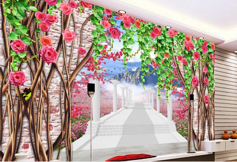 Роман персика цветок лозы кирпичной стены 3D TV фон фреска 3d обои 3d настенные обои для ТВ фона