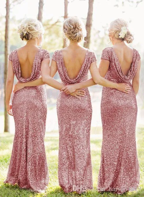 Sparkle Rose Pink Sequins 2018 New Mermaid Bridesmaid Dresses Short Sleeves Backless Long Wedding Party Maid Plus Size Honor of Gowns Custom