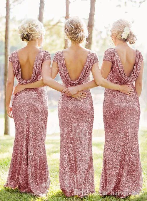 Sparkle Rose Pink Cekiny 2018 Nowy Syrenka Druhna Suknie Krótkie Rękawy Backless Long Wedding Party Maid Plus Size Honor of Suknie Custom