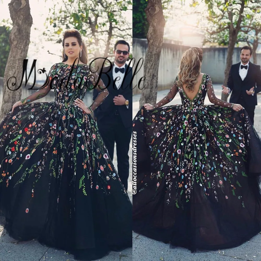 modabelle Floral Evening Gowns Elegant Dubai Embroidery Evening Dresses Lebanon Long Sleeve 2017 3d Flower Prom Dress Black