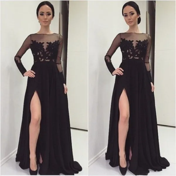 Sexy schwarze Abendkleider, A-Linie, transparenter Bateau-Ausschnitt, Illusionsmieder, Applikationen, langärmlig, durchsichtig, Abschlussball-Partykleid mit Schlitz