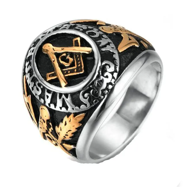 Hochwertige Rertro Schwarz Silber Gold Herren Mason Freimaurry Ring Juwel Großhandel Großhandel Freimauret Signet Ring Schmuck