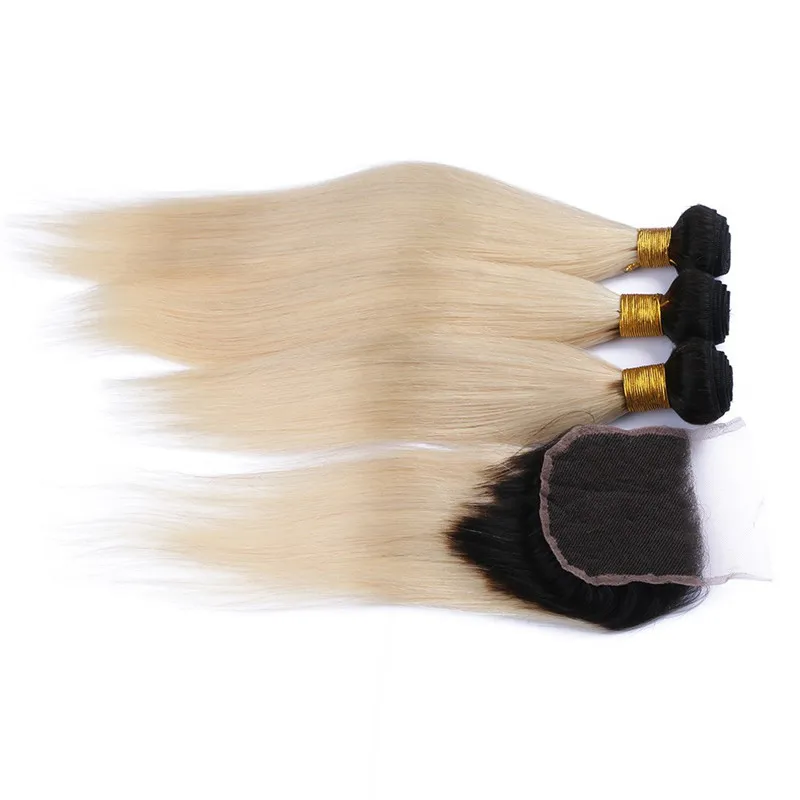 Bilanda Bilanda Ombre Capelli umani 3bundles con chiusura # 1b / 613 Bionda Two Tone Ombre Weaves Weaves Silky Dritto 4x4 Chiusura del pizzo