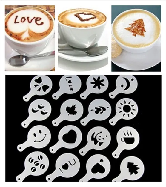 16st / set Kaffebryggare Kaffeverktyg Mögel Cafe Art Barista Stencils Mall Strew Pad Dotter Spray Print Mold Kaffe Hälsoverktyg