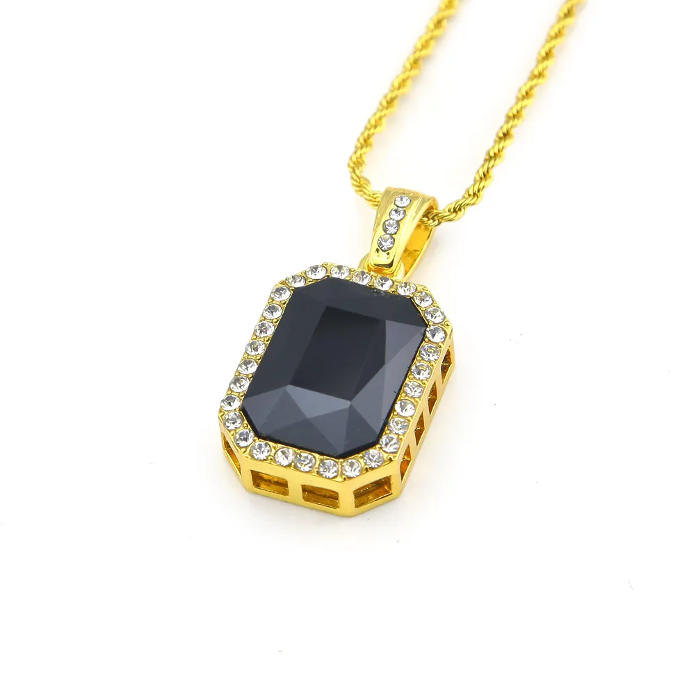 Hip Hop Schmuck Quadrat Rubin Saphir Rot Blau Grün Schwarz Weiß Edelsteine Kristall Anhänger Halskette 24 Zoll Goldkette für Männer Modeschmuck