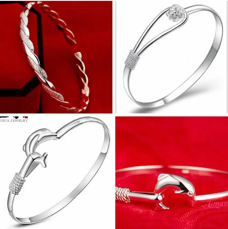 Hot charm bangle bracelet High quality 925 sterling silver rose flower dolphin style cuff bangles bracelets jewelry for women