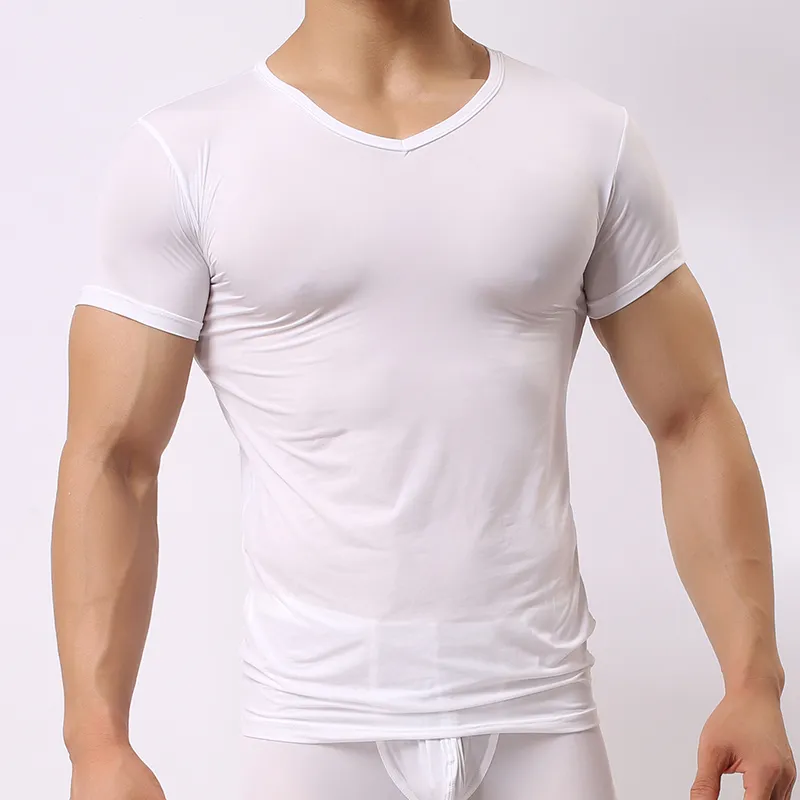 Homme Undershirt Ice Silk Ultra-mince Spandex T-Shirts Homme Col V Mince Manches Courtes Tops Sous-Vêtements Respirant Séchage Rapide Minceur Débardeurs