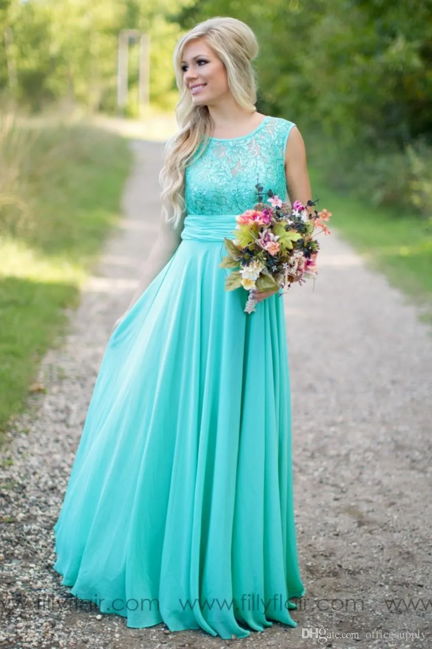 Vintage Country Style Turquoise Bridesmaid Dresses Crew Neck Sequined Lace Chiffon Long Beach Maid of Honor Wedding Party Dresses