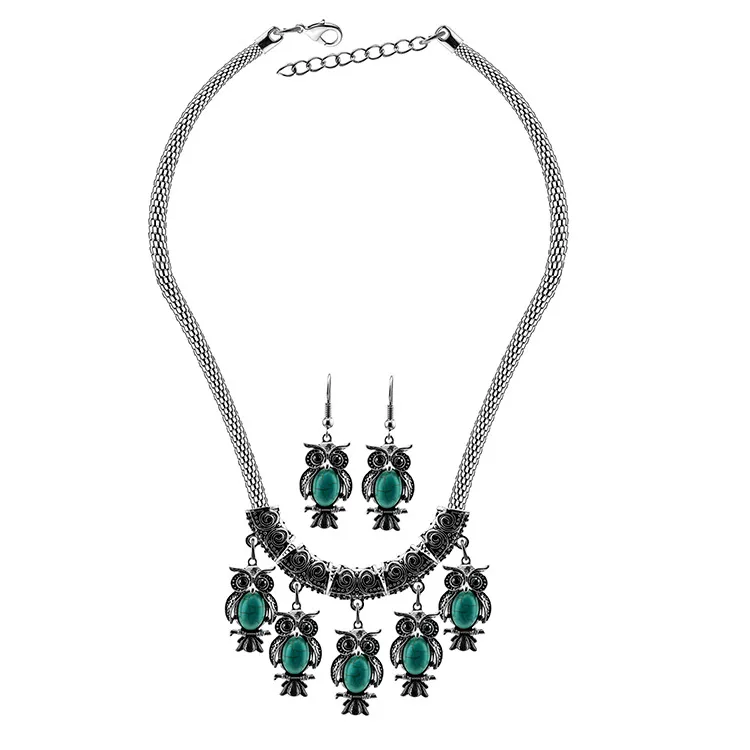 Fashion ladies Jewelry sets Vintage owl turquoise statement necklaces earrings jewelry set for women wholesale on sale