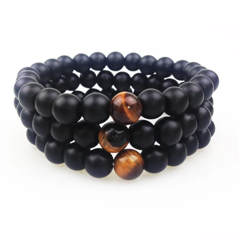 SN0348 NY DESIGN 8MM MATT Black Onyx med en Tiger Eye Bead Armband Men Stone Bead Armelets254r