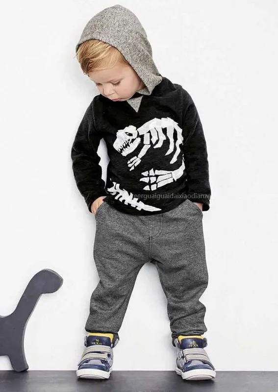 Spring Autumn Boys Set Baby Kids Sets Dinosaur Skull Hooded Long Sleeve Tops Sweatshirt + Pants Tracksuit Children Outfits 11439