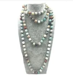 ST0320 Neue Steinhalskette Boho Frosted Amazonite Halskette 72 Zoll geknotet Frosted Amazonite Stone Halskette lange Halskette für Frau