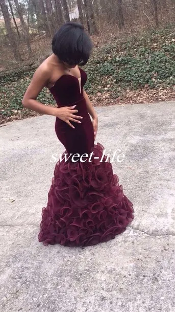 2019 Burgundy Mermaid Prom Dresses Long Velvet Sweetheart African Arabic Pageant Party Wear Cheap Ruffles Open Back Evening Celebr1759364