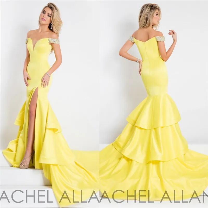 Rachel Allan Mermaid Prom Dresses Off Shoulder Neckline Split Evening Gowns Full Length Beads Light Yellow Prom Gowns