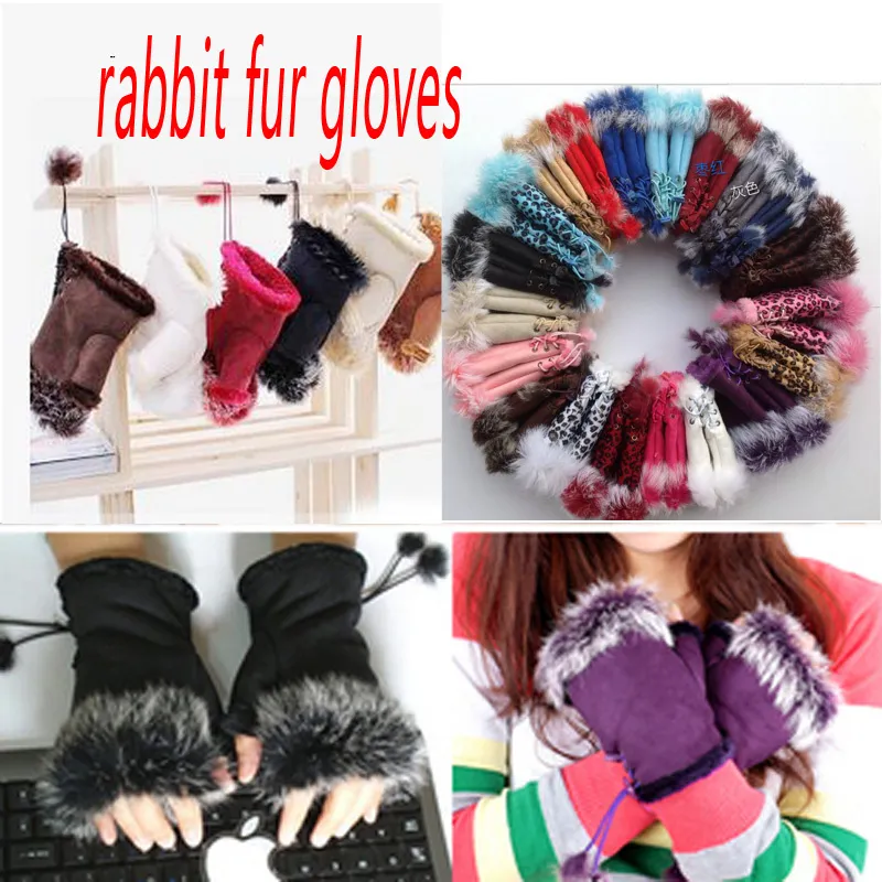 Mode hiver chaud fille en cuir lapin main chaud hiver hiver gants sans doigts W017