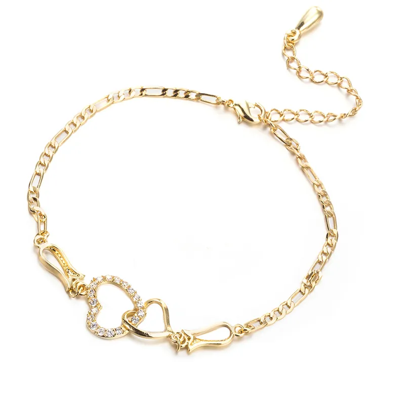 Femmes Summer Bijoux 18k Jaune Gold plaqué CZ Double coeurs Bracelet Chain de cheville pour filles Party