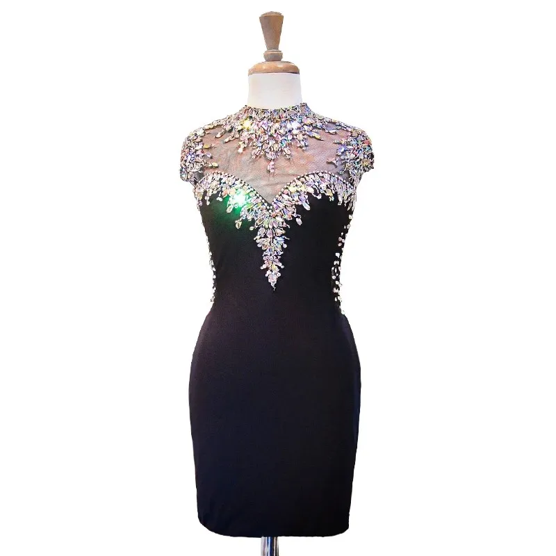 Vintage Zwart Hoge Hals Korte Goedkope Cocktail Prom Jurk met Korte Mouwen Beaded Crystal Schede Sleutelgat Back Avond Homecoming Jurkjurken