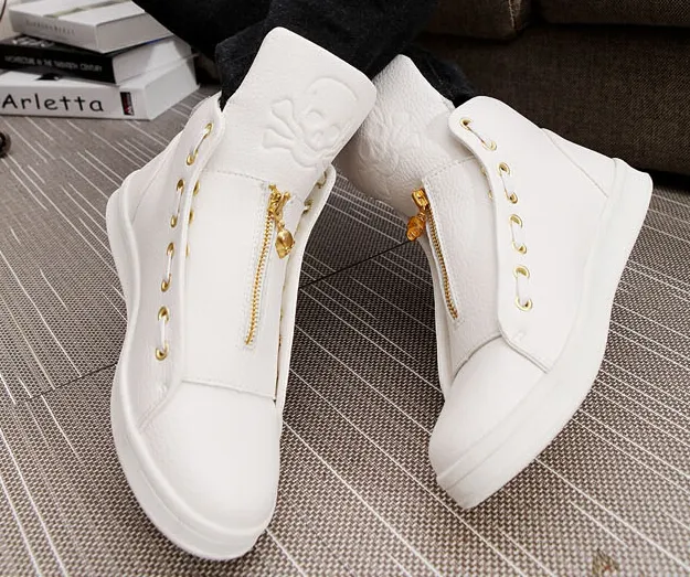 Quality Men Leather Shoes 2016 Winter High Top Skull Gold Zipper Design ...