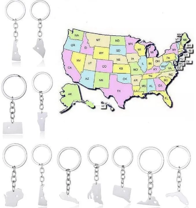 America 50 State Map Pendant Key Rings With Heart DIY Stainless Steel Key Ring Alaska Texas Idaho New York State Map Keychain
