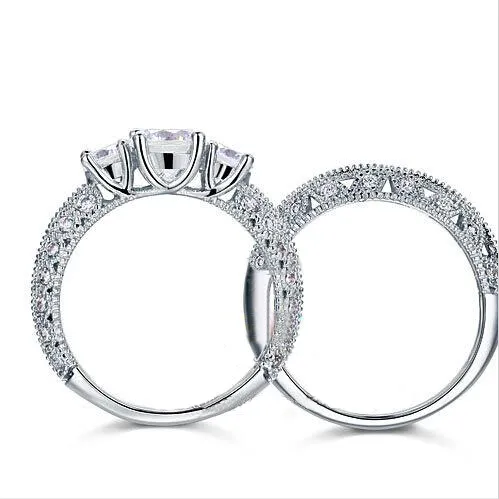 Vintage Style Victorian Art Deco 1.5 Ct Created Diamond Solid Sterling 925 Silver 2-Pcs Wedding Engagement Ring Set