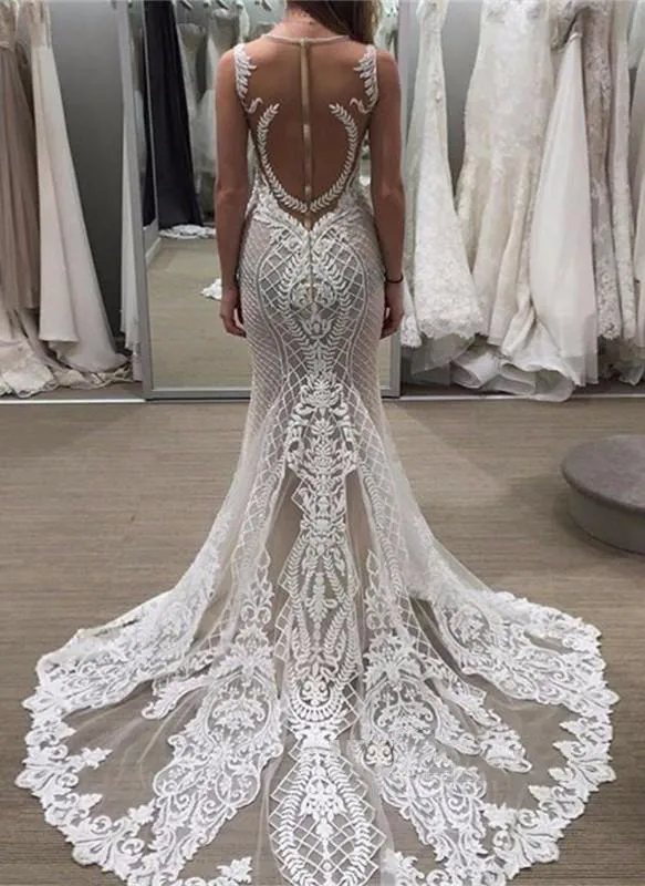 Jewel Sleeveless Mermaid Boho Lace Wedding Dress With Sheer Neckline ...