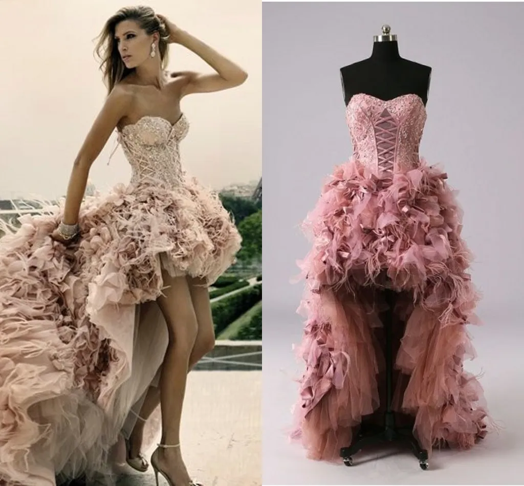 2021 Moda Feather Designer Suknie Ślubne Sweetheart Aplikacja Koronki Ruffles Krótkie Przód Długo Wesele Suknie Ślubne Tanie Nowe