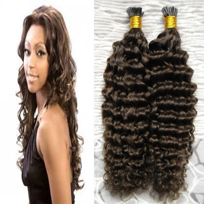 I Tip Hair Extensions Braziliaanse Kinky Krullend 100g 100s # 4 Donkerbruin Pre Bonded Hair Geen Remy Menselijk Hair Extensions