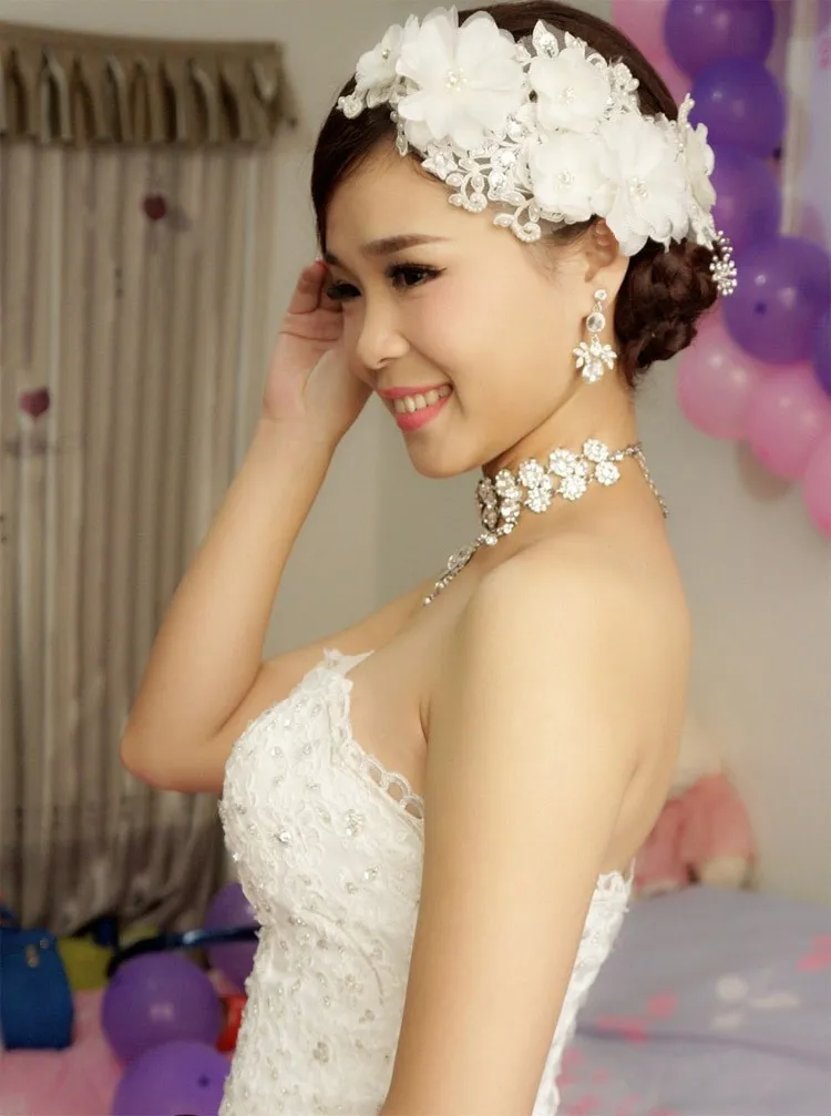 Mother Korean wedding jewelry with pearls handmade lace headdress head flower hair accessories bridal headdress whole280O