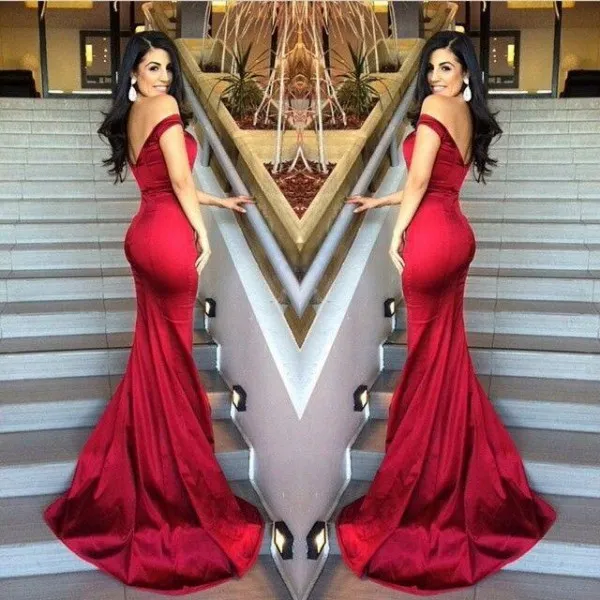 Sexy justo Sereia Vestido de Noite Dark Red Off the Shoulder Ruched drapeado V Neck mangas baratos Prom Dresses Visitante Vestido Custom Made