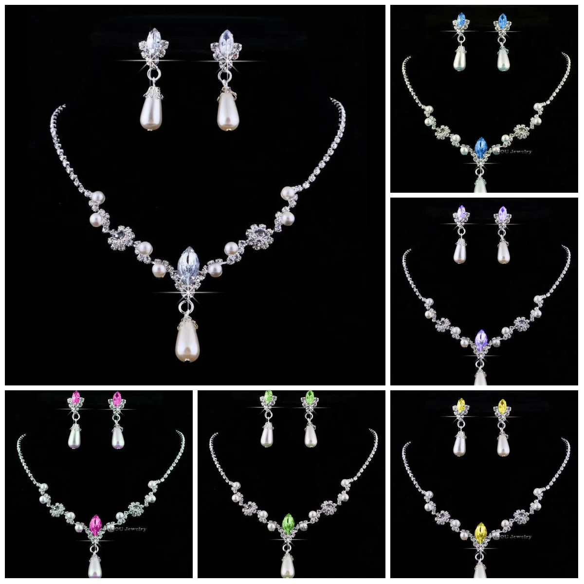 Brautjungfer Schmuck Set für Hochzeit Kunstperlen Strass Halskette Wassertropfen Ohrringe Schmuck Set Party Schmuck Set