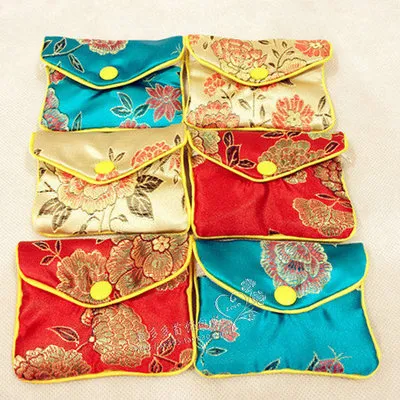 Cheap Small Zipper Silk Fabric Jewelry Pouch Chinese Packaging Mini Coin Bag Women Purse Credit Card Holder Whole 6x8 8x10cm 1322Z