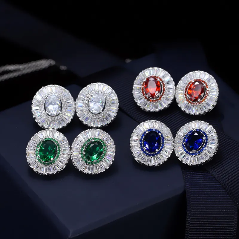 Conjunto de joias elegantes para noiva, europa e américa, branco, banhado a ouro, branco, azul, verde, vermelho, zircão, brincos redondos, colar para mulheres ly067659869