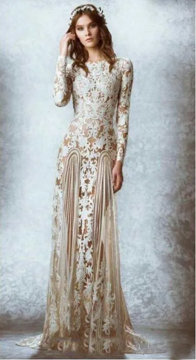 Zuhair Murad Sheer Manches Longues Full Applique Dentelle Robes De Mariée Étage Longueur Bijou Cou Gaine Custom Made Robes De Mariée Stunnin245o