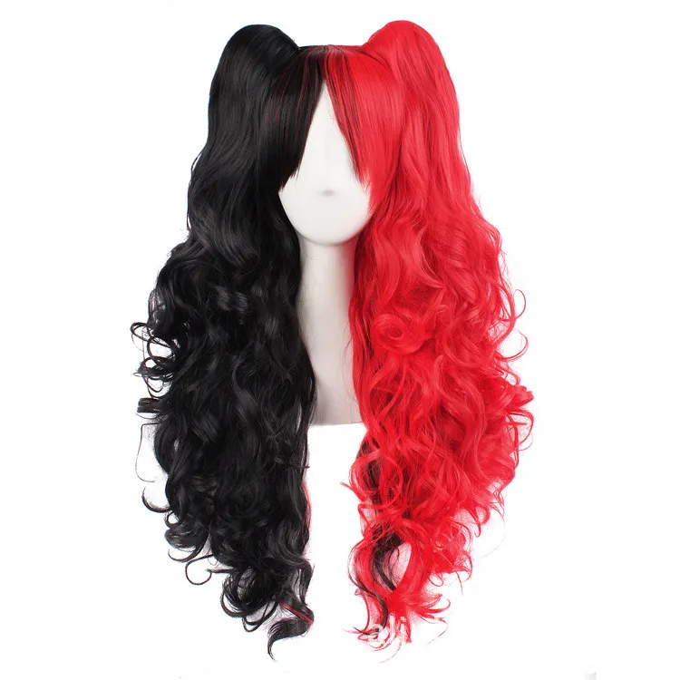 Kvinnor lolita tecknad syntetiskt hår peruk svart röd multicolor anime värmebeständigt hår långa vågiga cosplay peruker för halloween party nightchlub