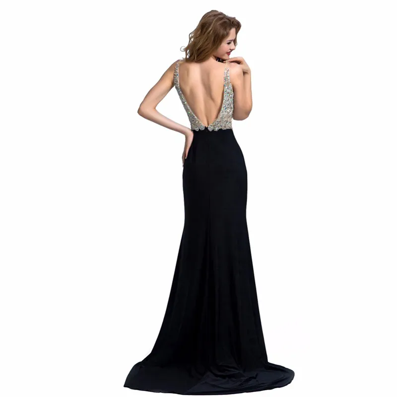 Sparkly V-ausschnitt Mantel Abendkleid Kristall Perlen Lange Prom Party Kleider Sexy Illusion Formale Frauen Schwarz Vestido De Festa