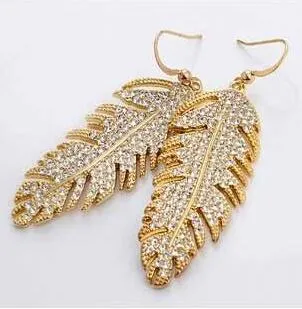 Bohemian Leaf Feather Rhinestone Necklace Earrings Set Full Diamond Feather Earrings Necklace Set Fashion Jewelry Sets