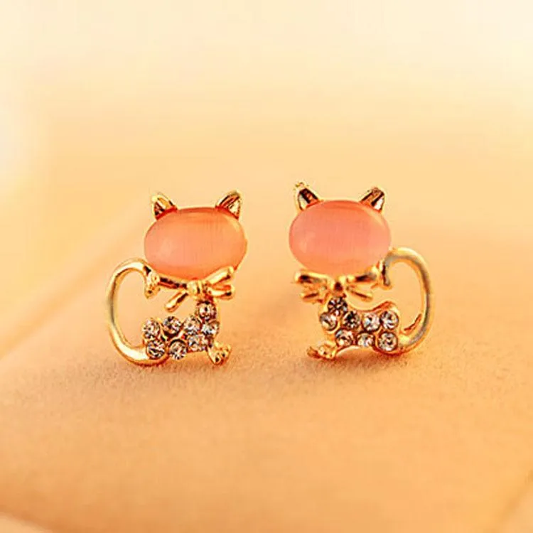 Earrings For Women 2016 Fashion Cute Kitten Temperament Rhinestone Sweet Opal Cat Bowknot Channel Stud Earrings