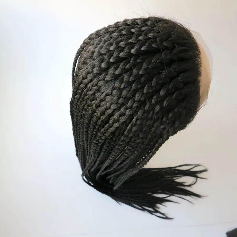 Moda Örgü Sentetik Dantel Ön Peruk Düz Siyah 30 inç Isıya Dayanıklı Saç Büyük Kutu Örgüler Kadın Peruk