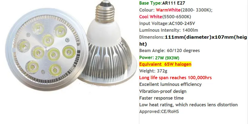 DHL Alta Potência Led Lâmpada 21 W 27 W Regulável AR111 E27 G53 GU10 CONDUZIU a lâmpada de iluminação AC 85-265 V levou baixo luzes