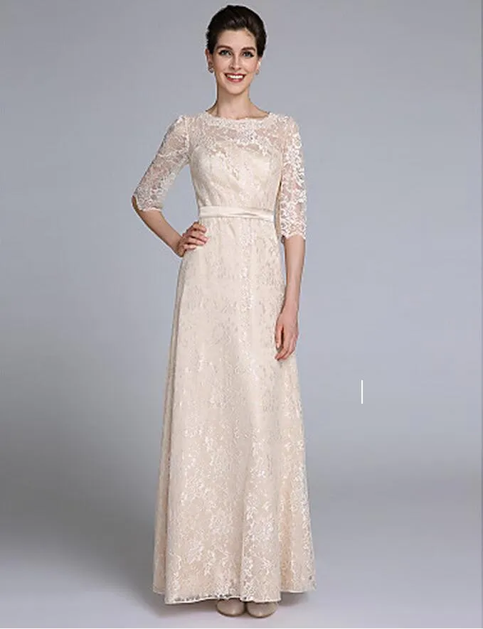 Lace Sheath Jewel Half Sleeves Mother Of Bride Dresses With Sash Floor Length For Evening Dress Mothers' Bride