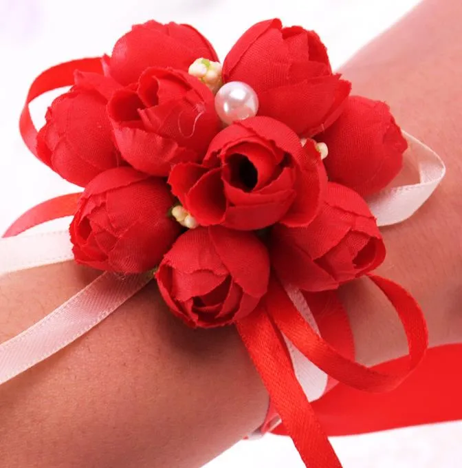 party cup stol dekoration brud armband blommor syster hand blomma brudgum boutonniere bäst man corsage prom bröllop blomma 5färg gåva